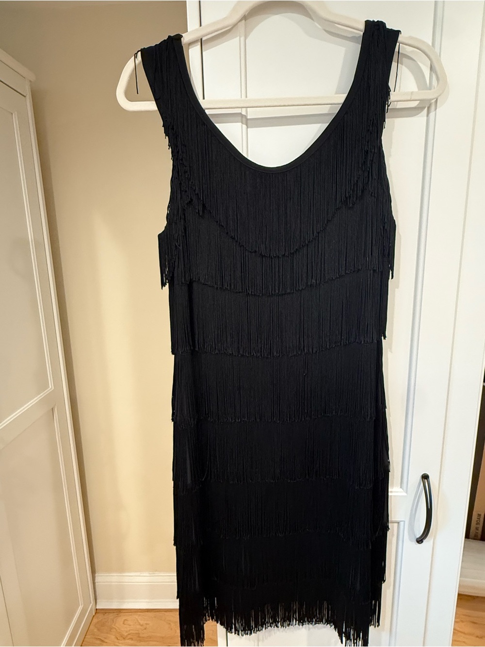 White House Black Market Black Fringe Scoop Neck Mini Dress